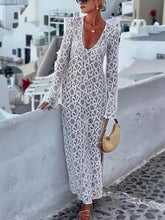 Summer Casual Lace Hook Flower Slit See-Through Holiday Lace Maxi Dress